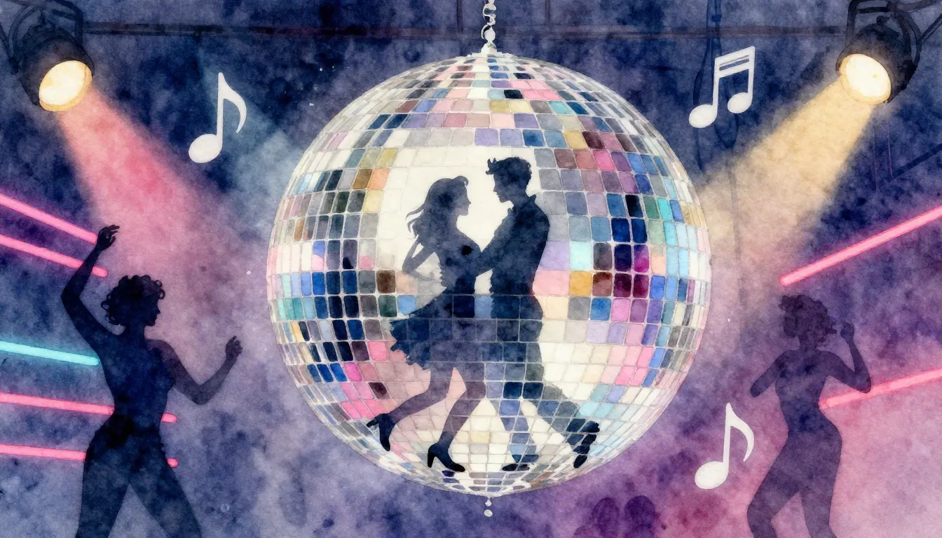 Watercolor style. A sparkling disco ball reflecting soft pea...