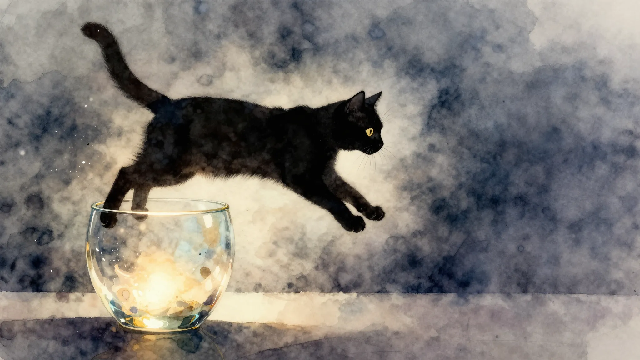 Watercolor style. A silhouette of a graceful cat jumping ove...
