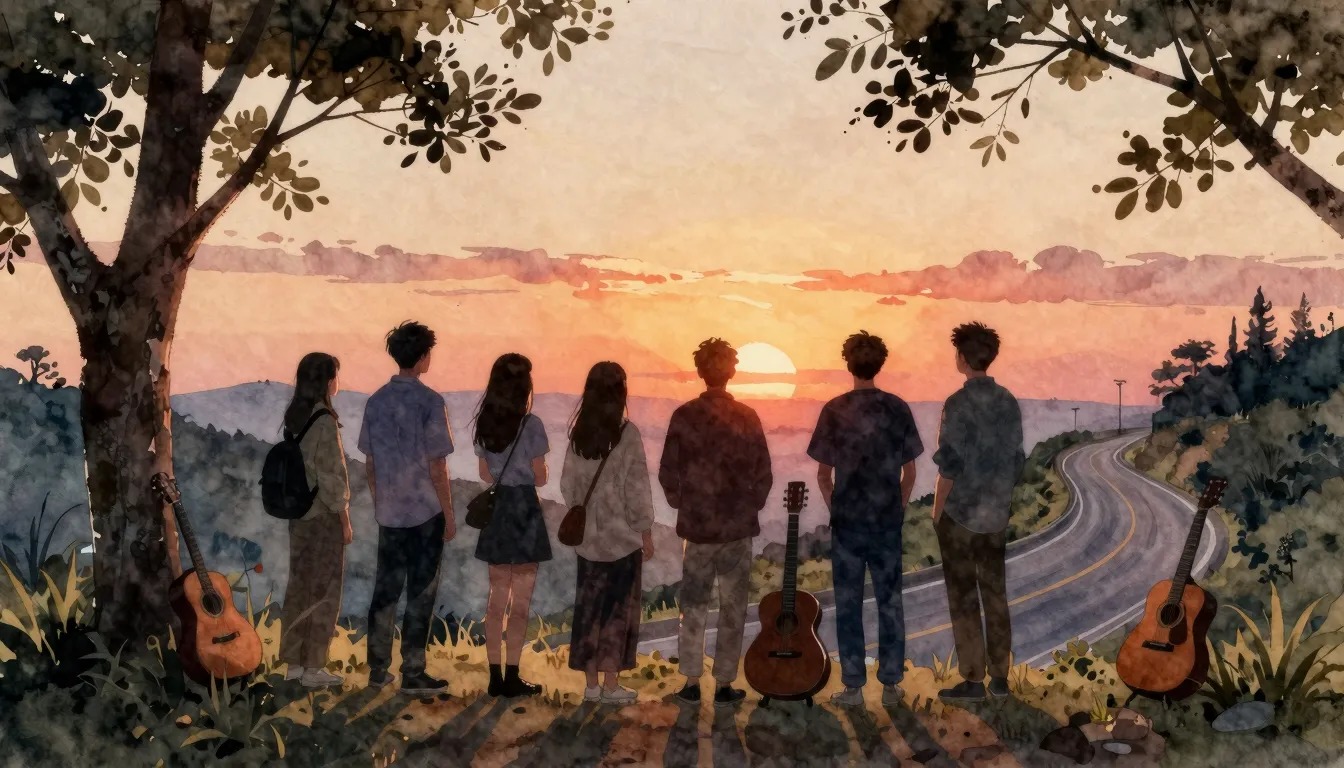 Watercolor style. A silhouette of a group of friends standin...