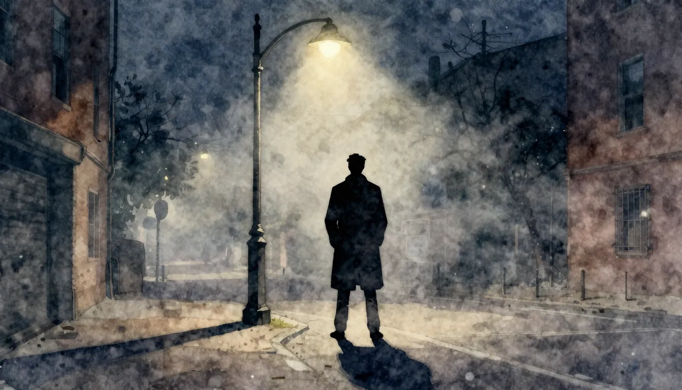 Watercolor style. A silhouette of a man in a long coat stand...