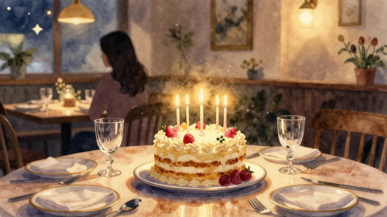 Watercolor style. A cozy restaurant table with a birthday ca...