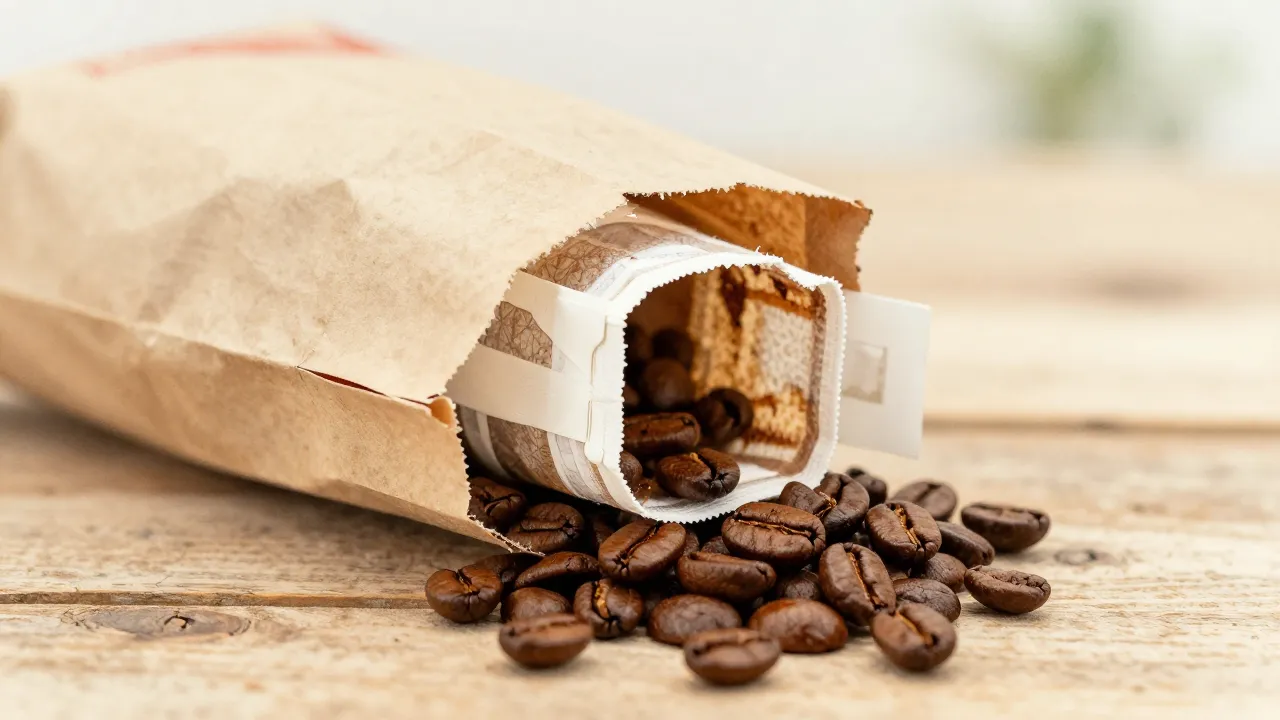 Watercolor style. Close-up of a damaged paper bag of coffee ...