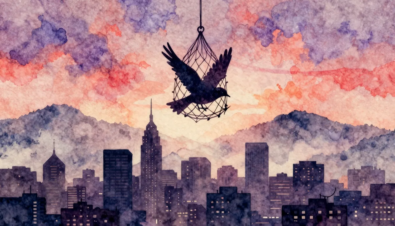 Vibrant watercolor style. Indie album cover: trapped bird si...