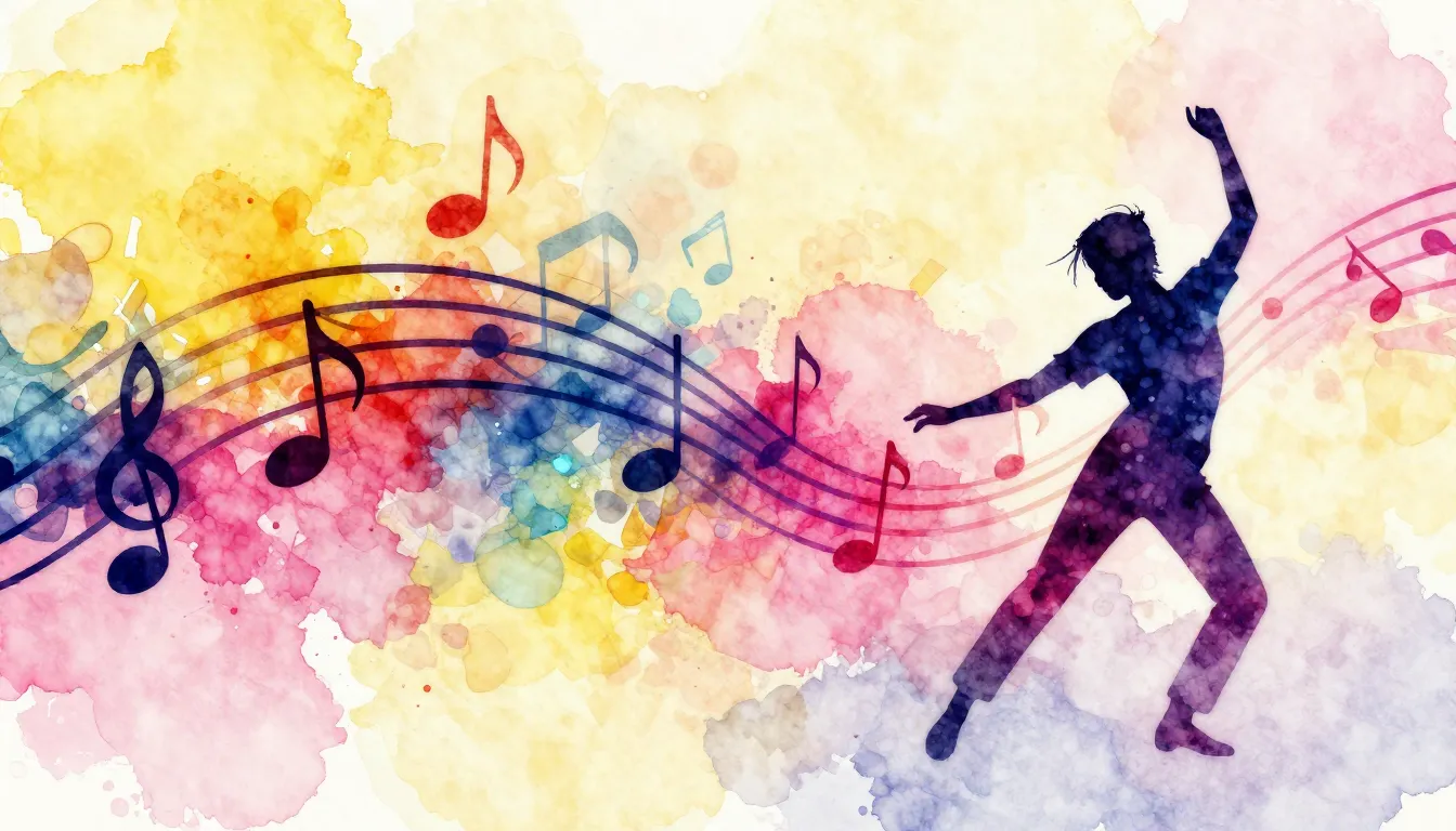 Watercolor style. Abstract colorful musical notes and a silh...