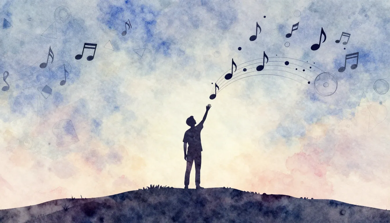 Watercolor style. A silhouette of a person standing on a hil...