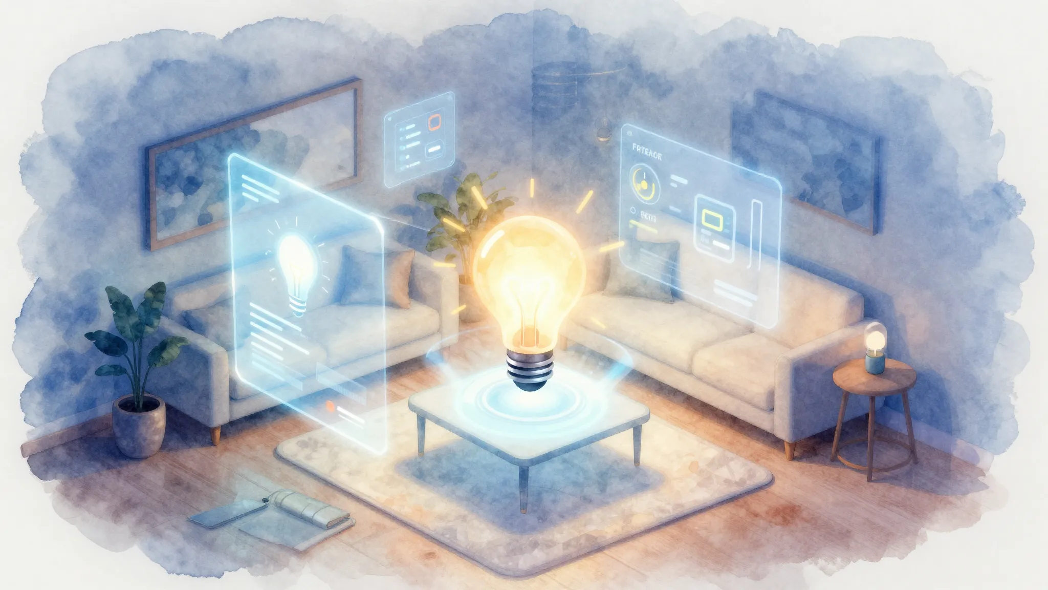 Watercolor style. A futuristic glowing smart home interior w...