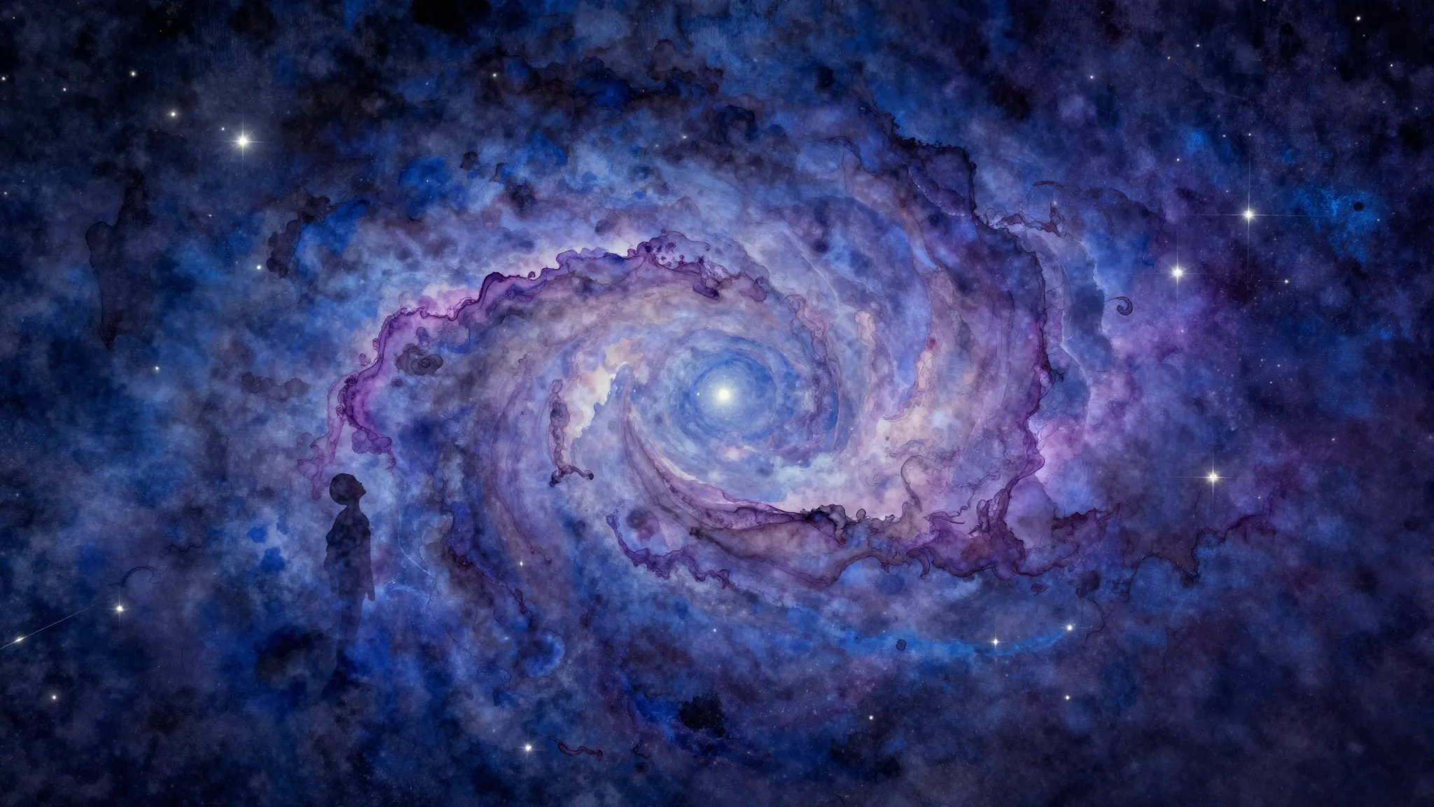 Watercolor style. Abstract cosmic landscape, swirling nebula...