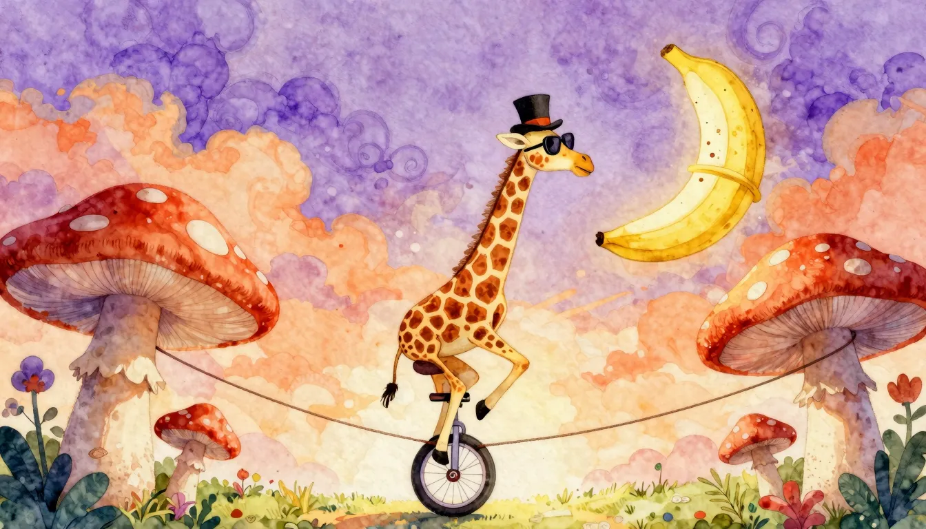 Watercolor style. A whimsical, surreal scene: a giraffe wear...