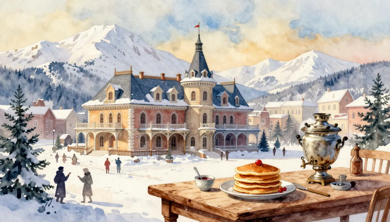 Watercolor style. A vintage city estate in winter, large whi...