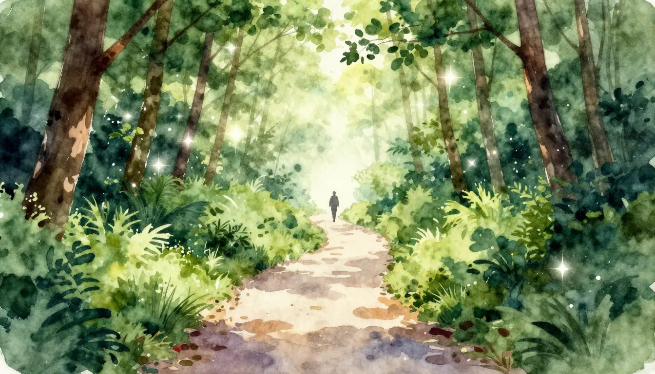 Watercolor style. A winding path through a lush green forest...