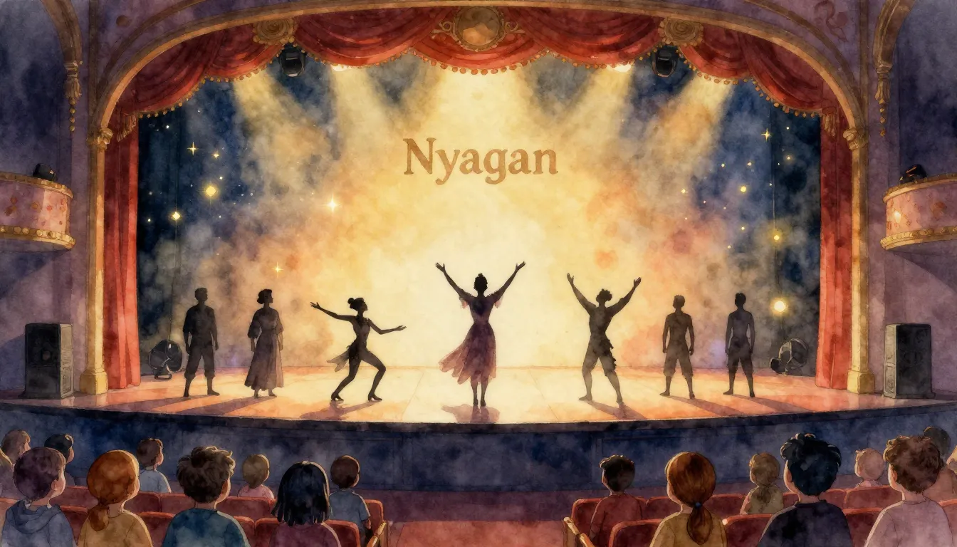 Watercolor style. A magical theater stage in Nyagan, silhoue...