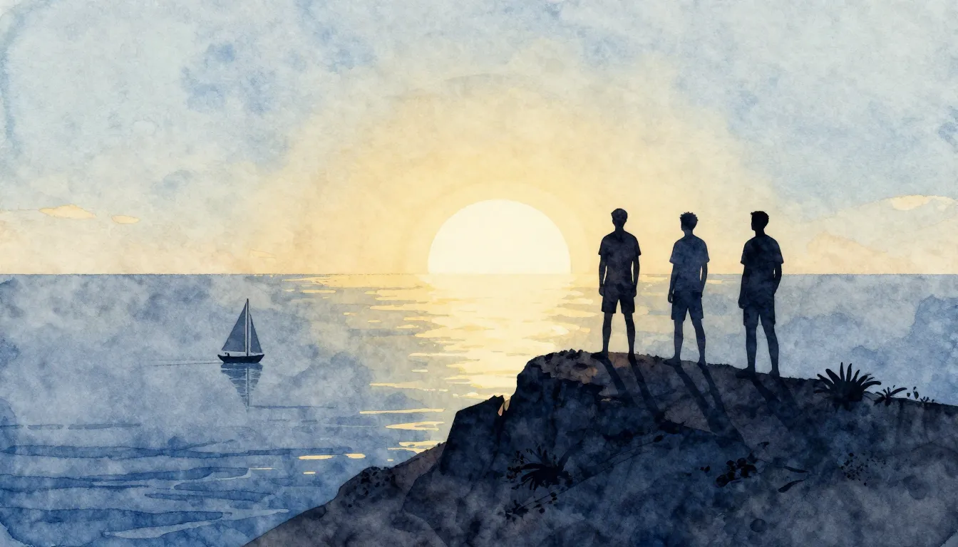 Watercolor style. Silhouettes of three men standing on a hig...