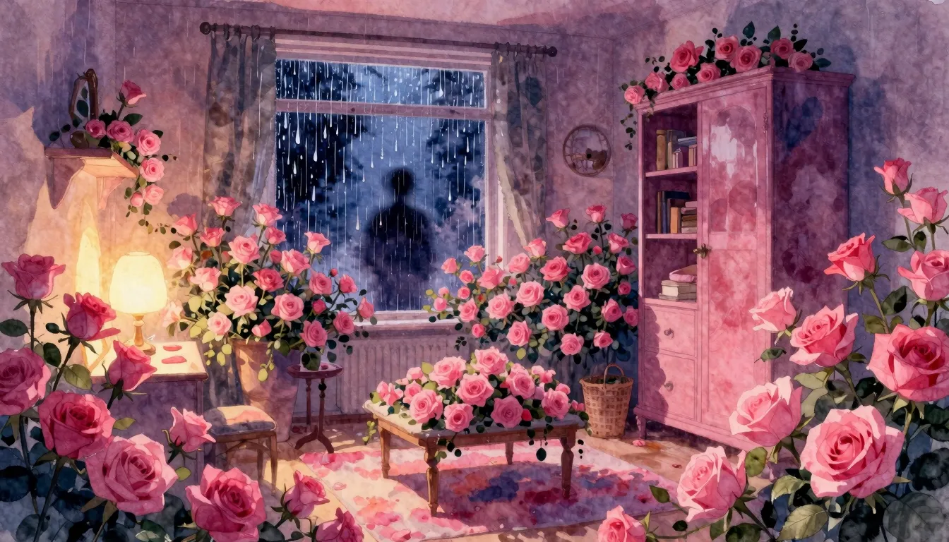 Vibrant watercolor style. A cozy, dimly lit apartment at nig...