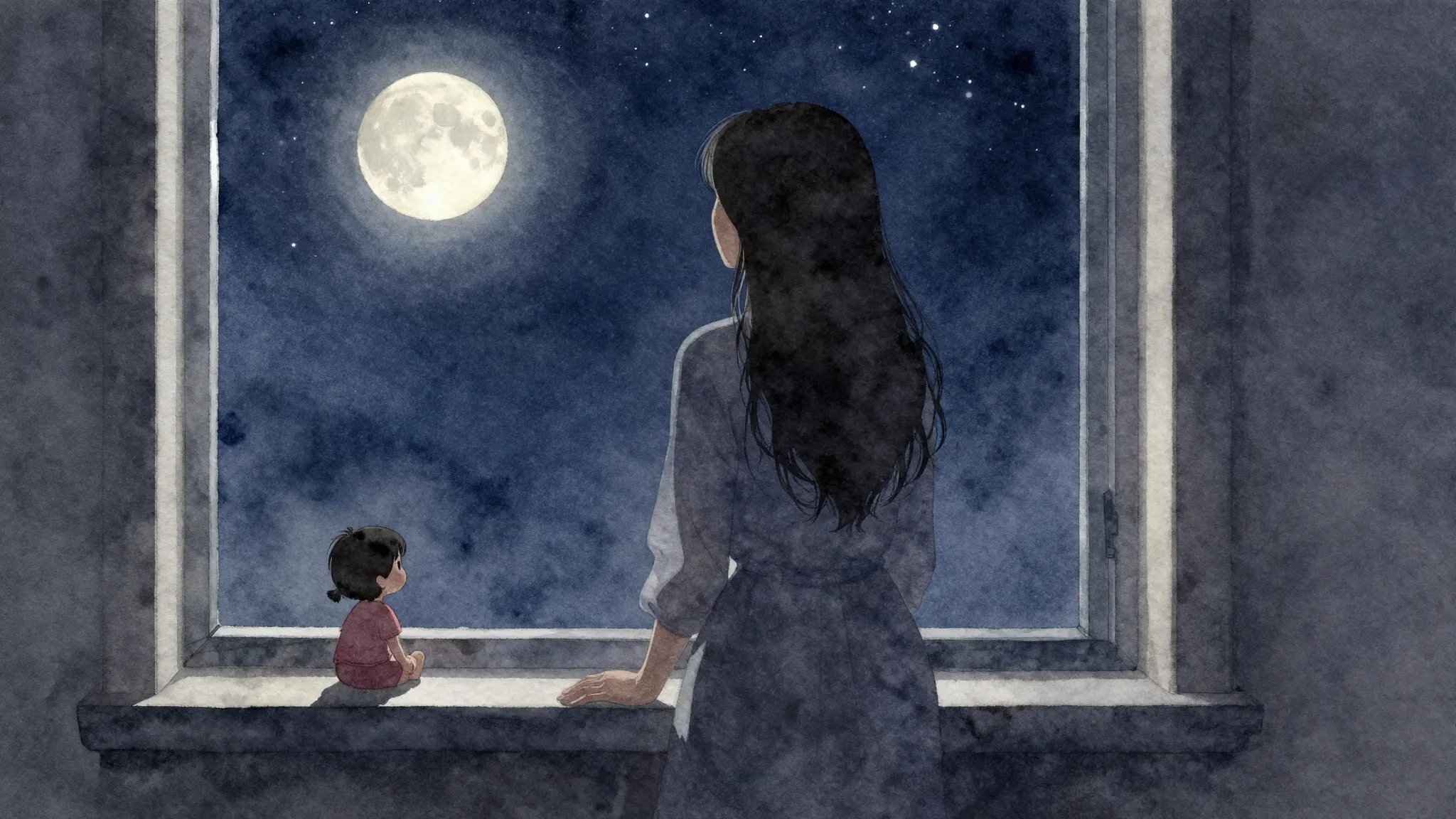 Watercolor style. A silhouette of a woman looking out a wind...