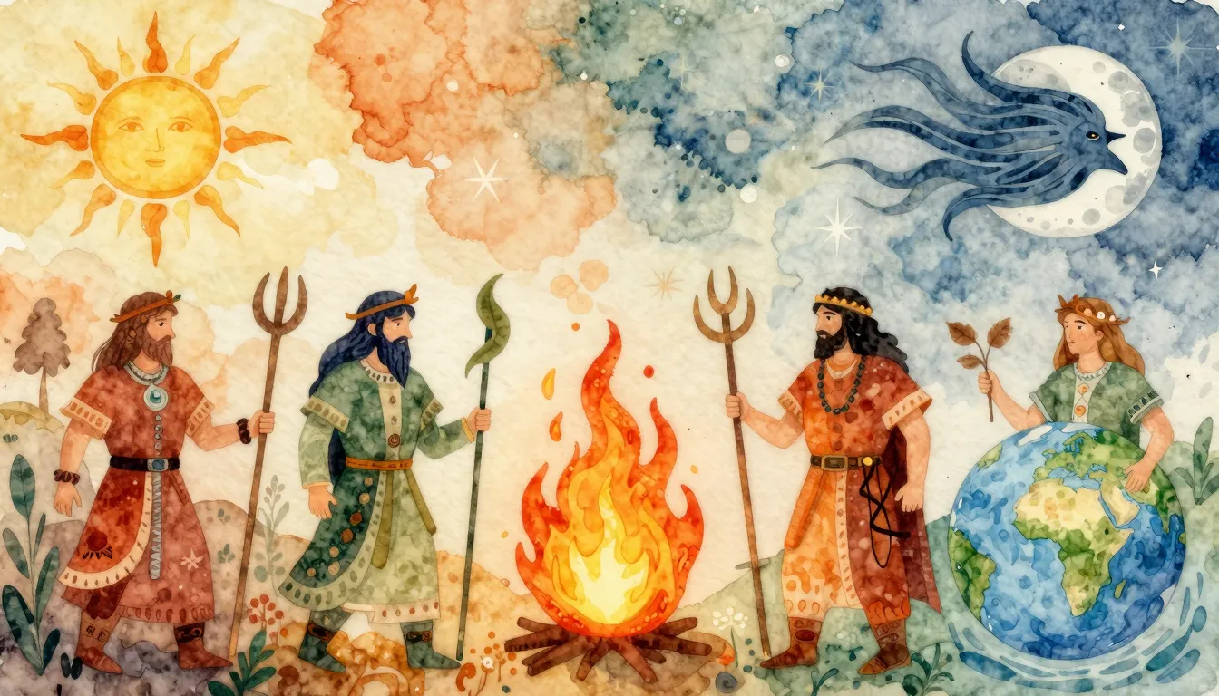 Vibrant watercolor style. Folk album cover. Slavic mythology...