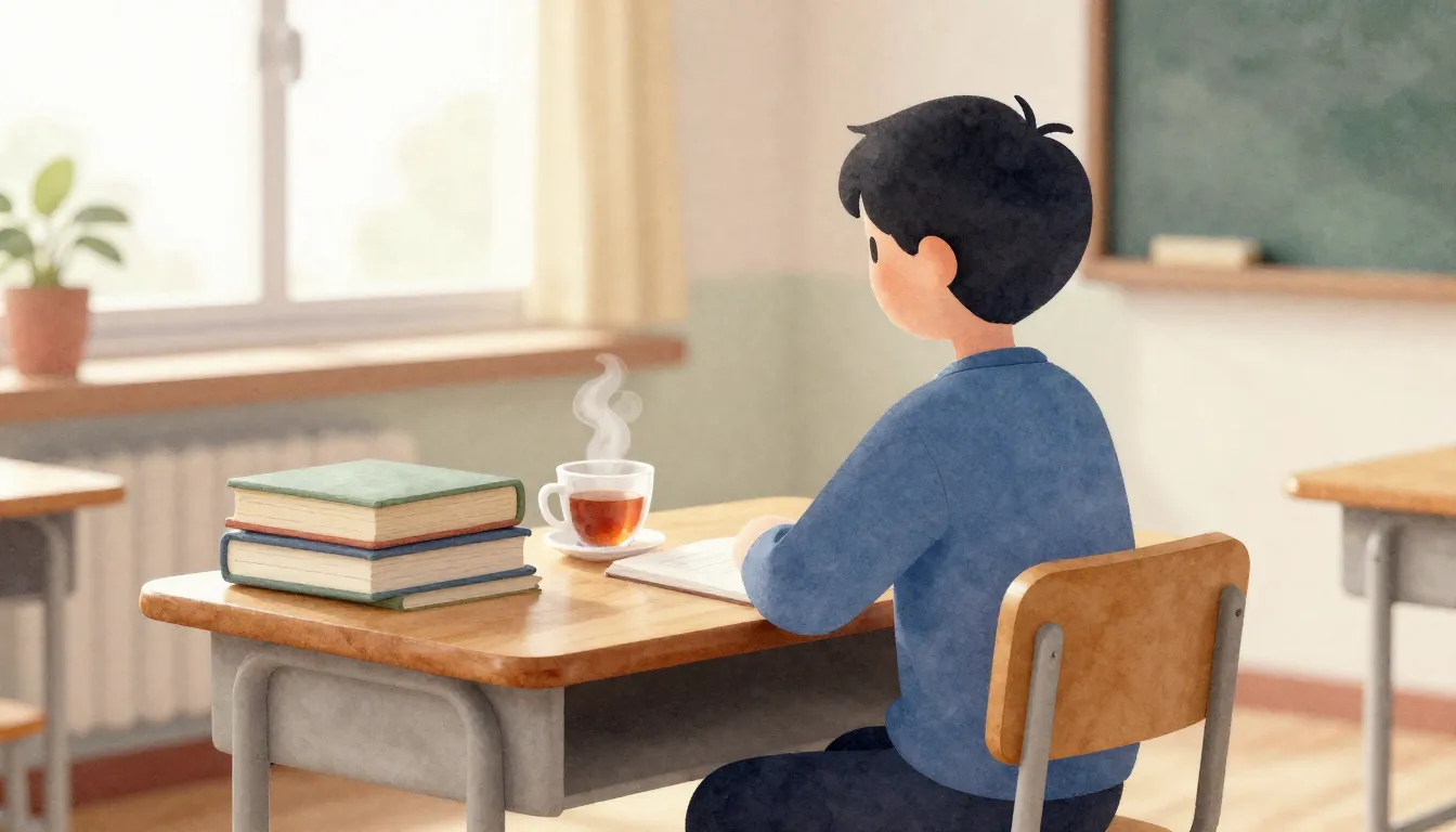 Watercolor style. A cozy classroom setting with a silhouette...