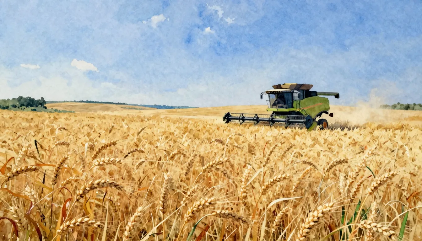 Watercolor style. A vast field of golden wheat under a brigh...