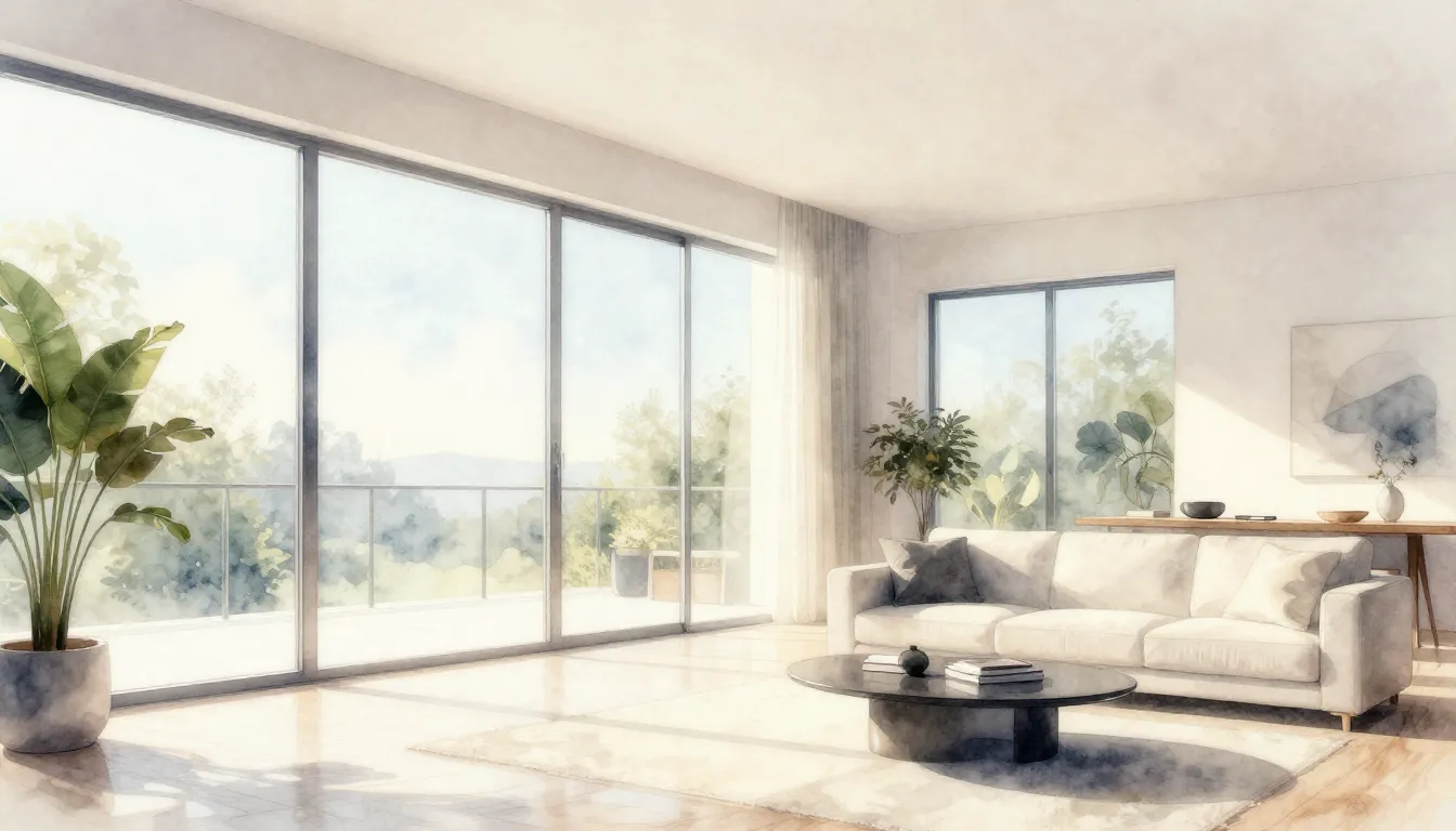 Watercolor style. Bright modern living room with huge panora...