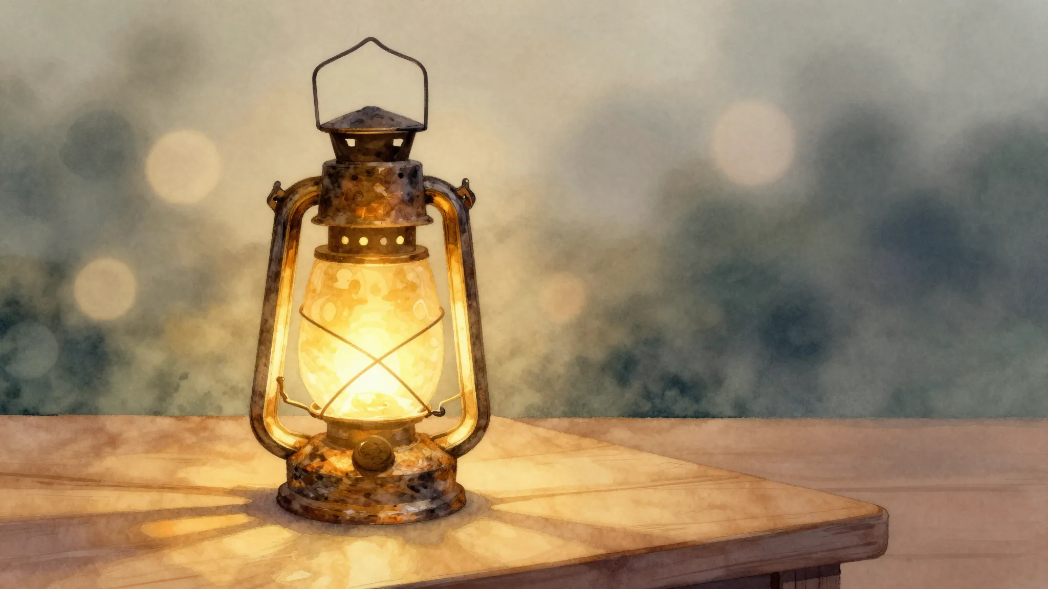 Watercolor style. A glowing golden lantern on a wooden table...