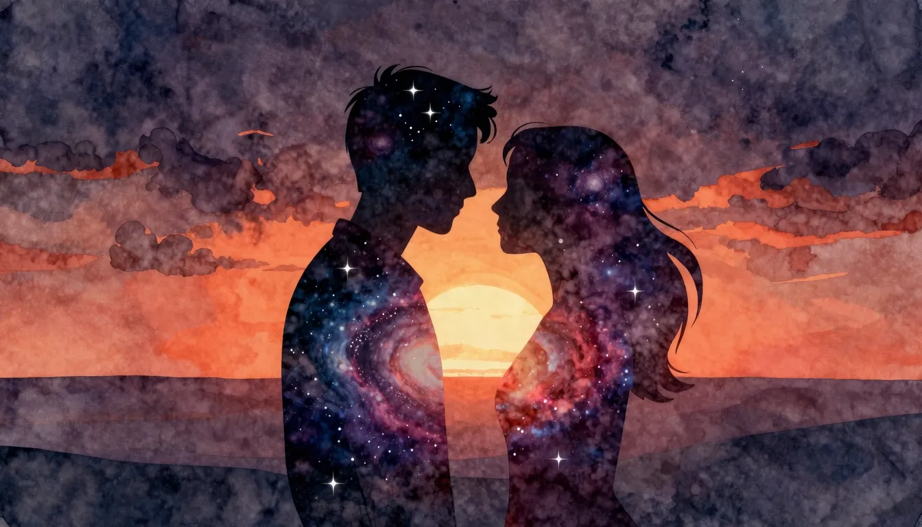 Watercolor style. Two abstract silhouettes, male and female,...