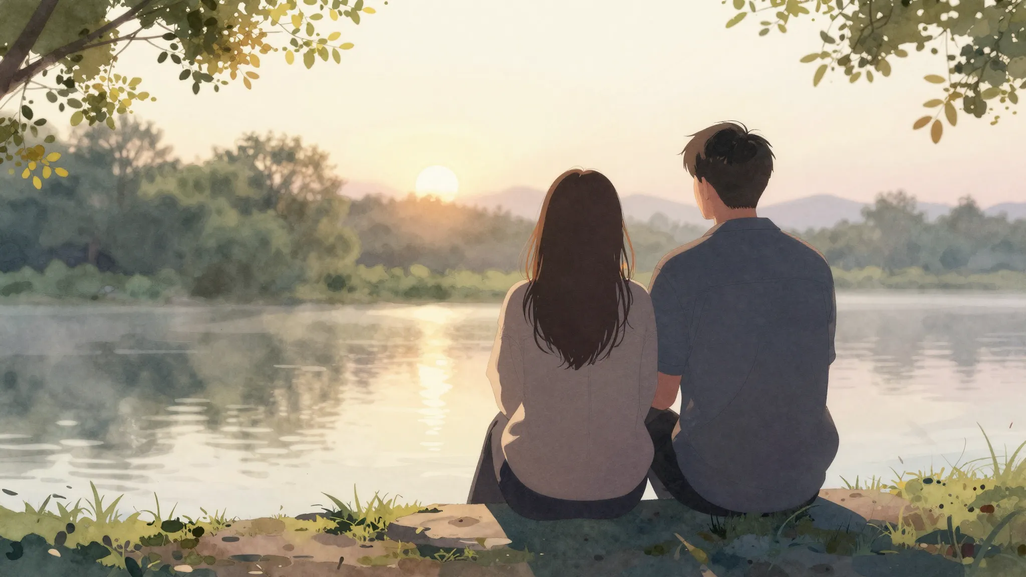 Watercolor style. A silhouette of a couple sitting by a rive...