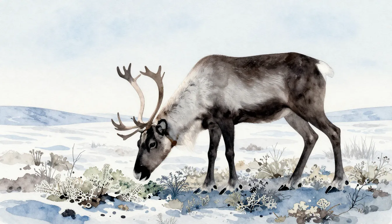 Watercolor style. A silhouette of a reindeer grazing in the ...