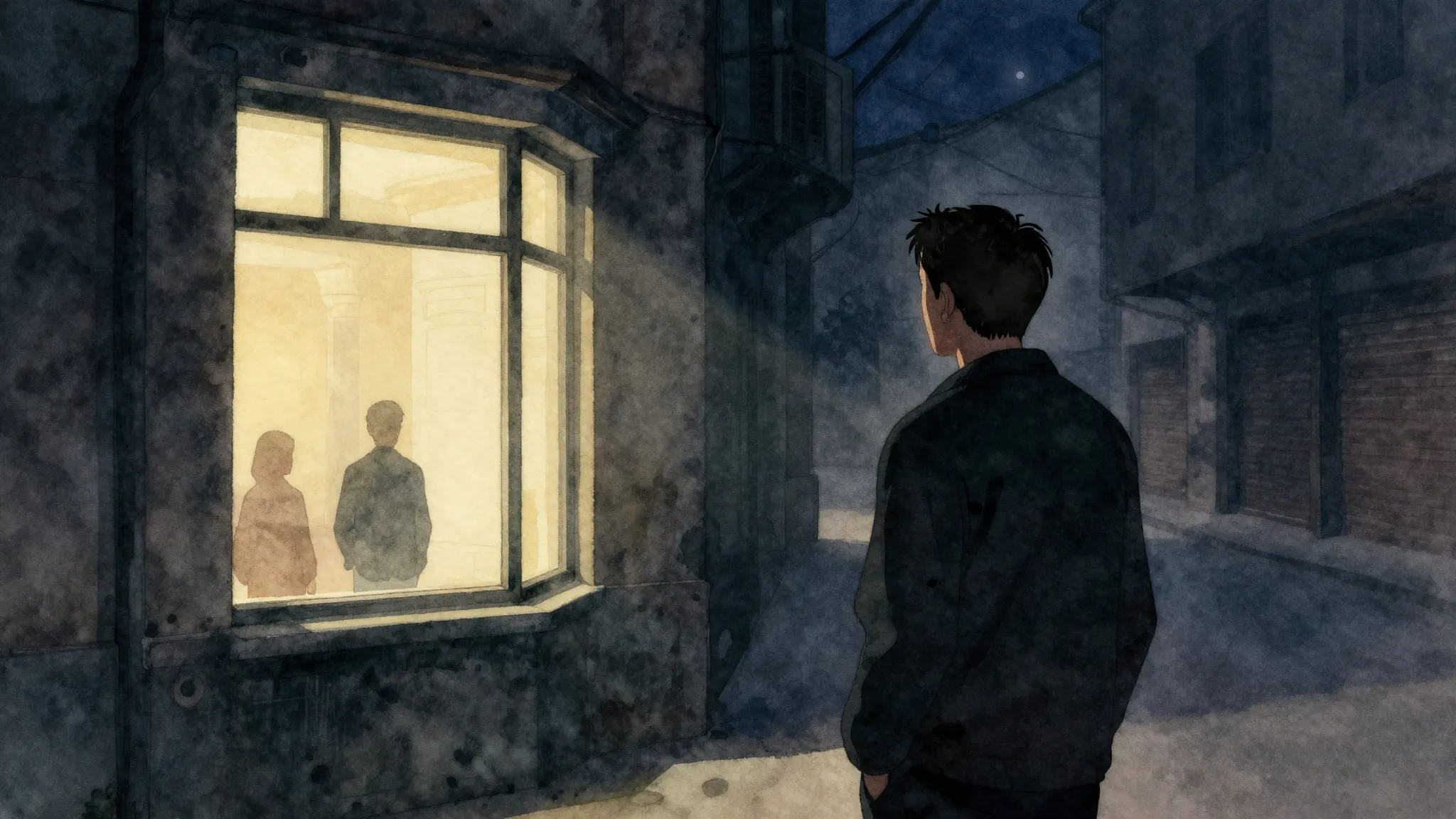 Watercolor style. A silhouette of a man looking at a glowing...
