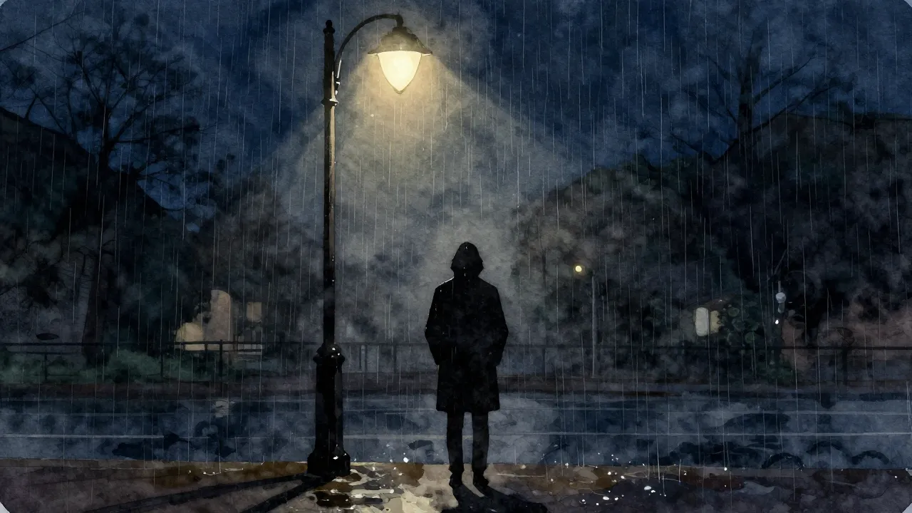 Watercolor style. A dark silhouette of a person standing und...