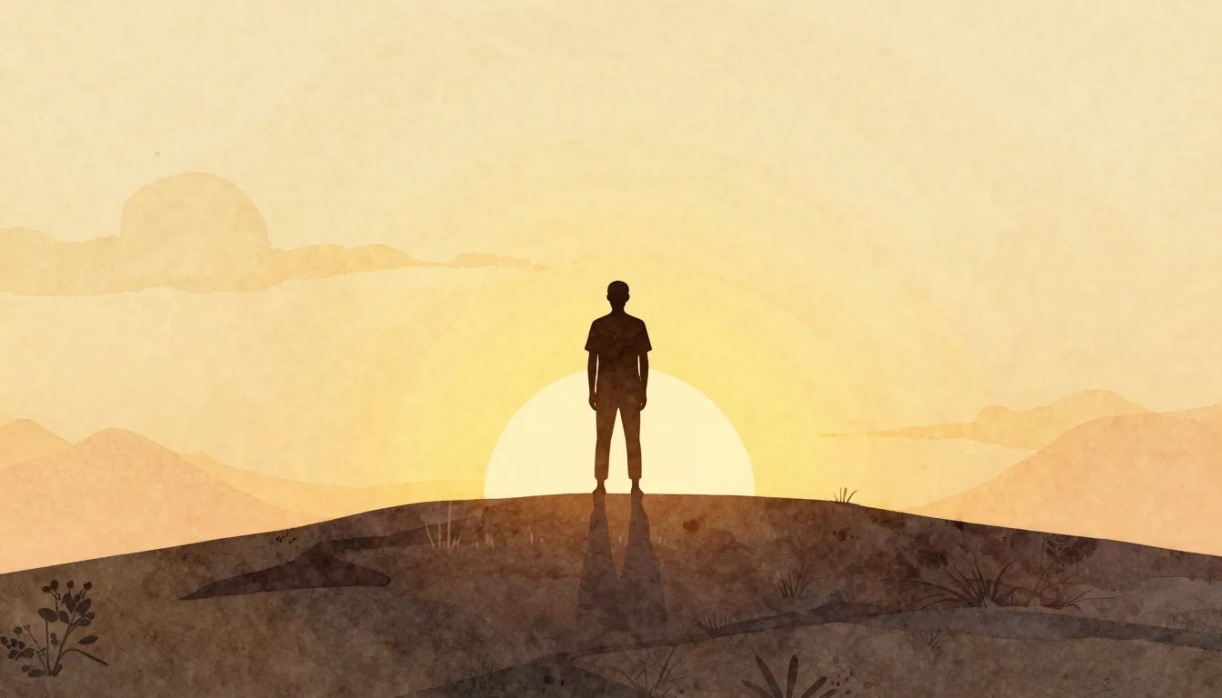 Watercolor style. Silhouette of a person standing on a hill ...