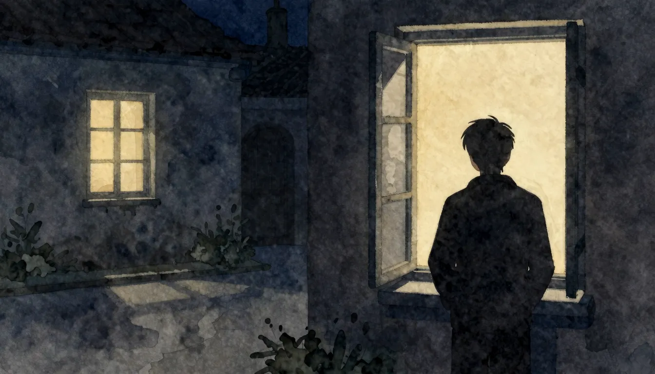 Watercolor style. A silhouette of a person looking out a win...