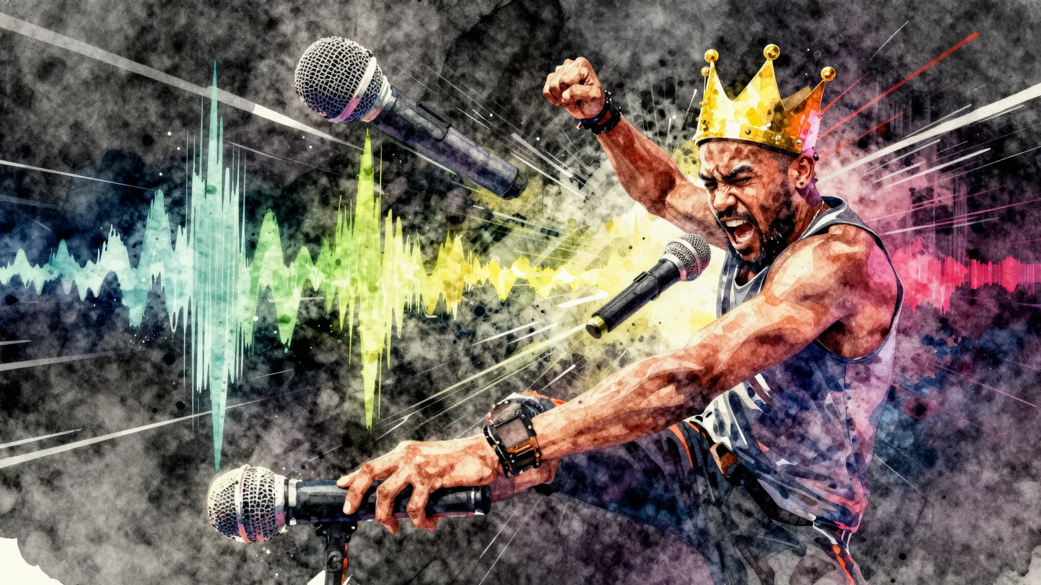 Vibrant watercolor style. Dynamic rap battle album cover. Fo...