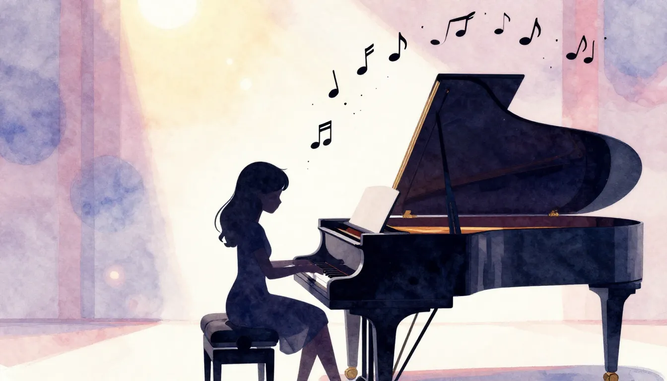 Watercolor style. A silhouette of a girl sitting at a grand ...