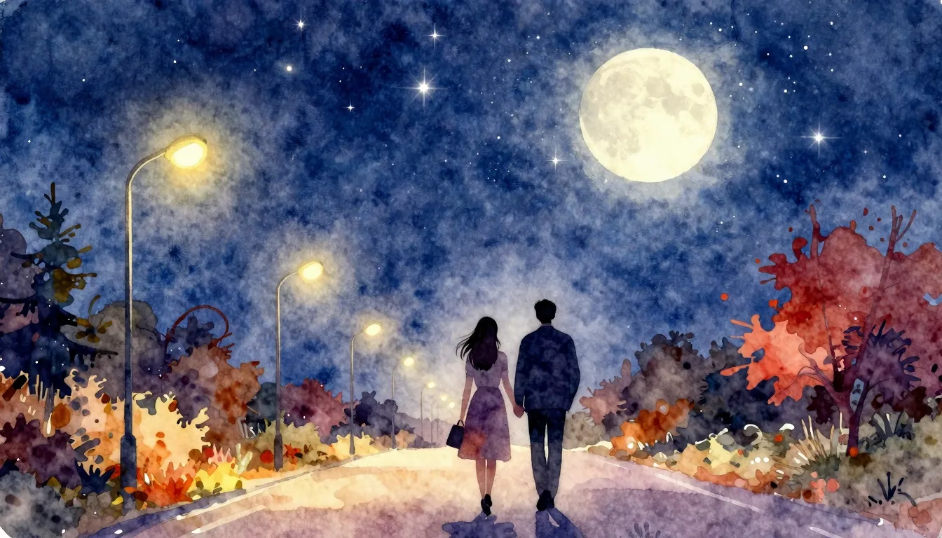 Vibrant watercolor style. Romantic night, couple's silhouett...