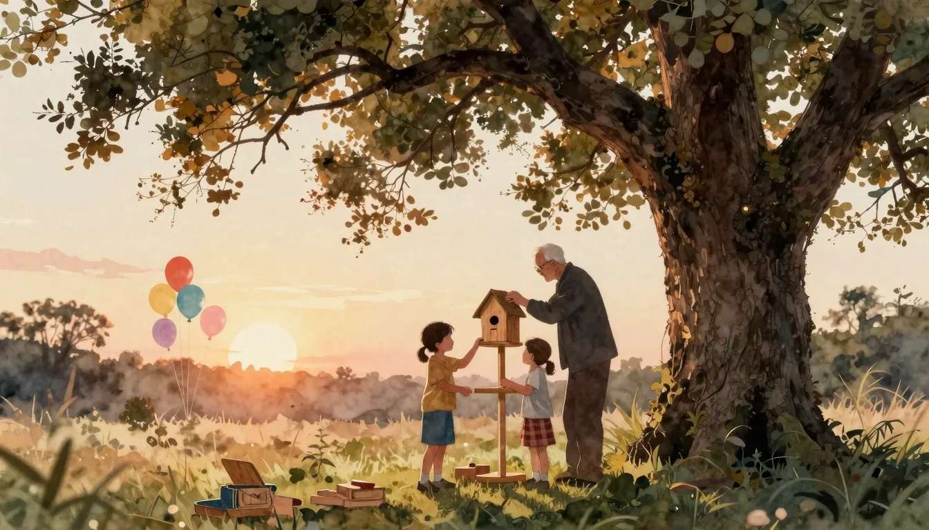 Watercolor style. A silhouette of an elderly man and childre...