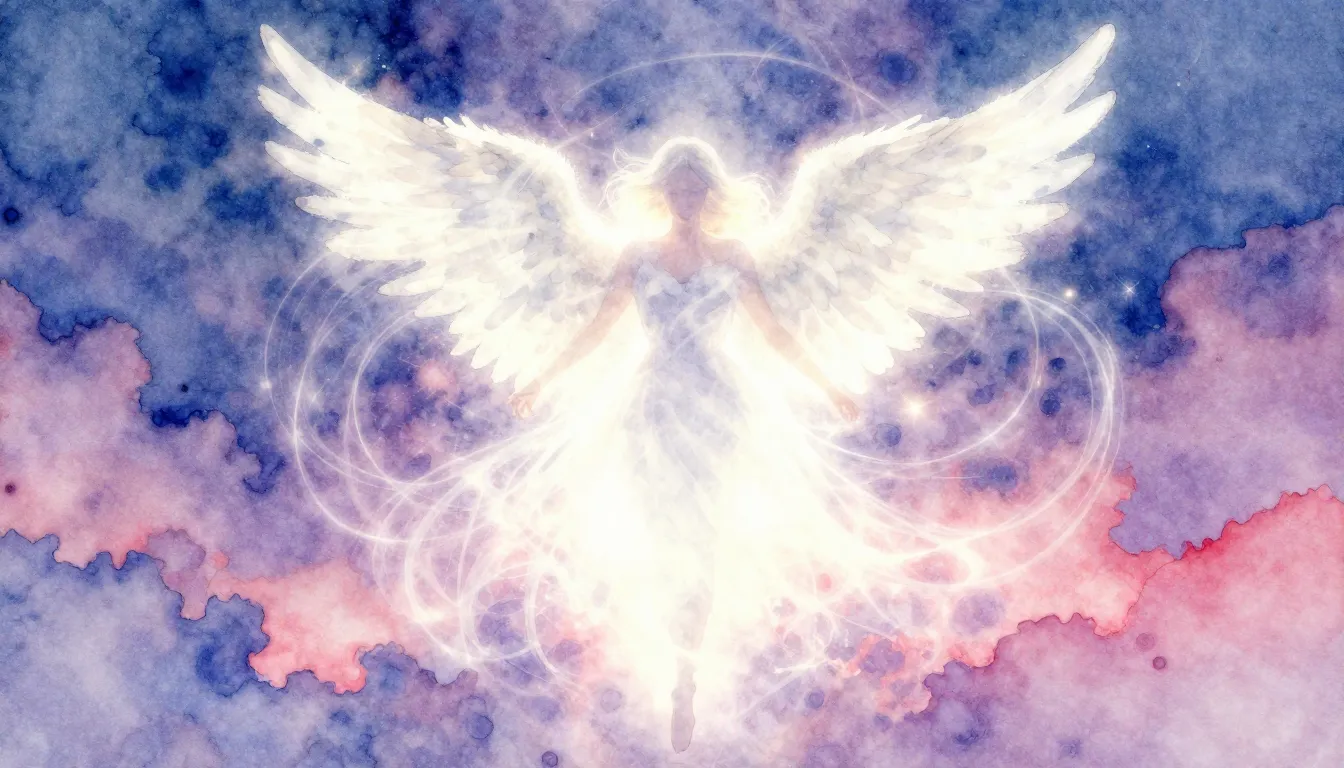 Vibrant watercolor style. "Falling white angel, ethereal glo...