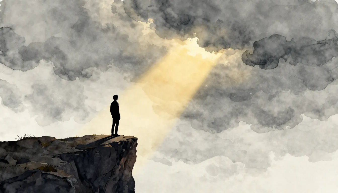 Watercolor style. A lone silhouette of a person standing on ...