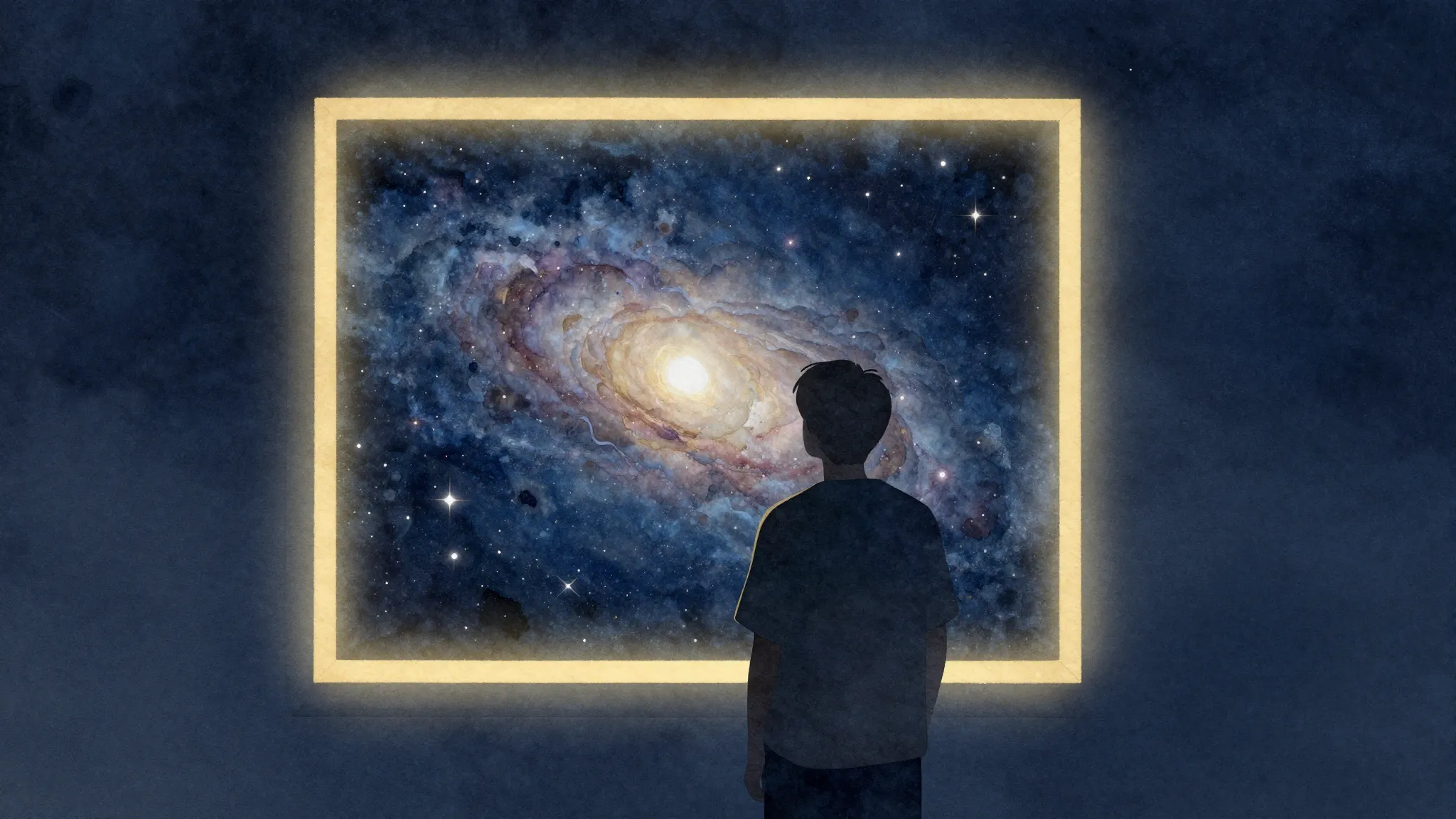 Watercolor style. A silhouette of a person looking through a...