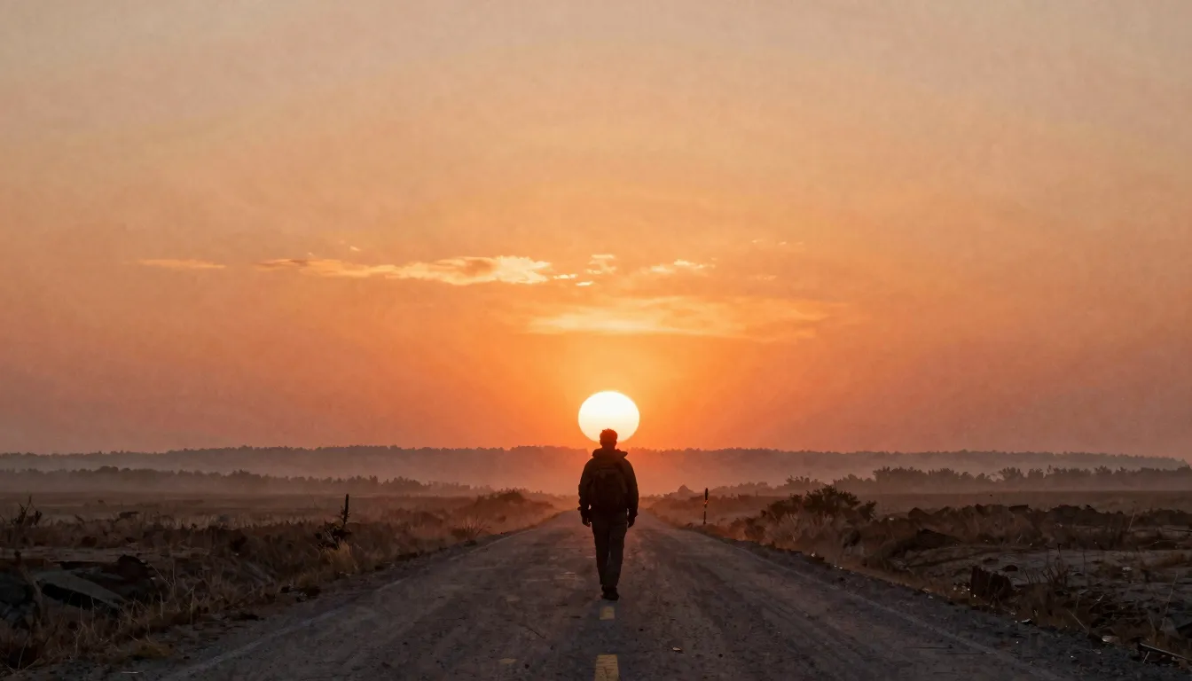 Watercolor style. A dark silhouette of a lonely traveler wal...