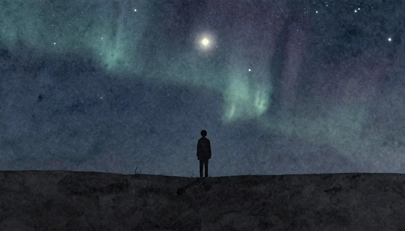 Watercolor style. A lonely silhouette stands in the dark, lo...
