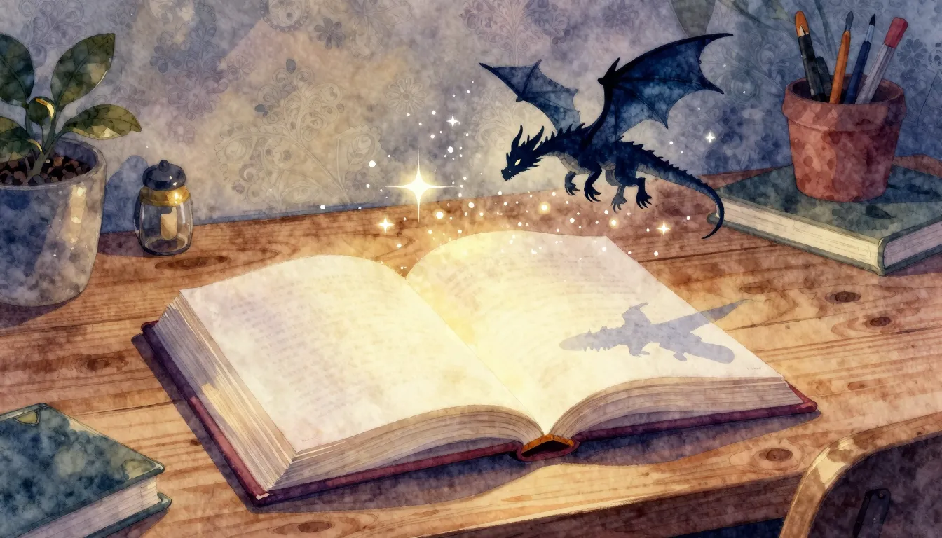 Watercolor style. A glowing open book on a wooden desk, magi...