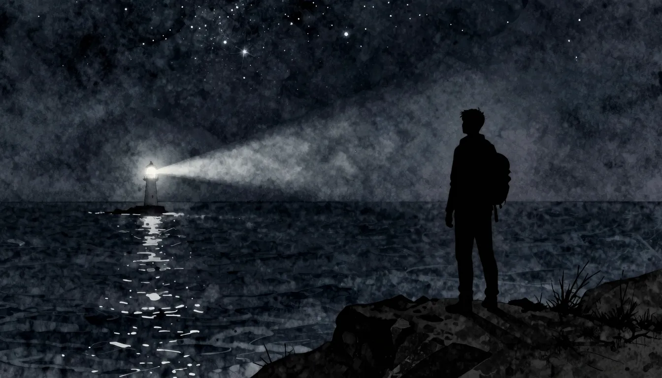 Watercolor style. A dark silhouette of a traveler on a cliff...