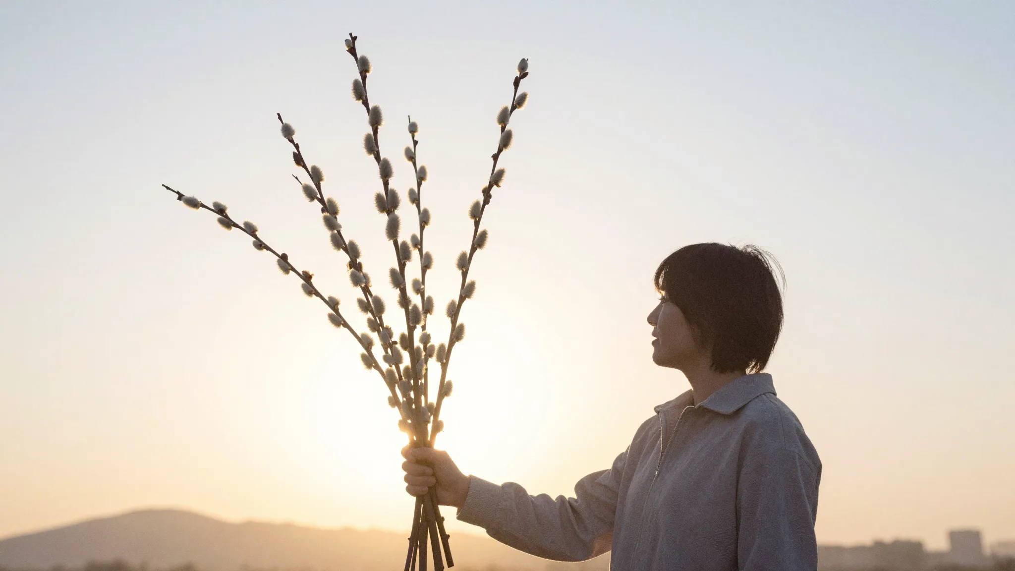 Watercolor style. A silhouette of a person holding a bunch o...