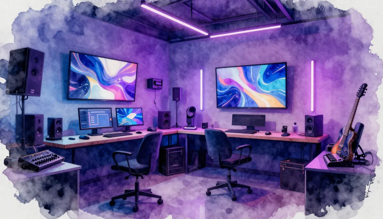 Watercolor style. Modern creative studio interior with neon ...