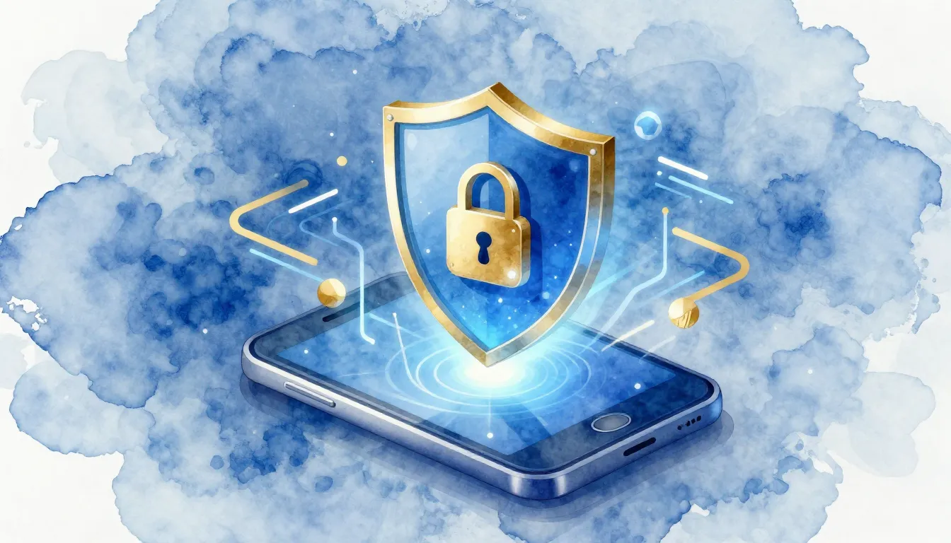 Watercolor style. Digital security concept, a glowing shield...