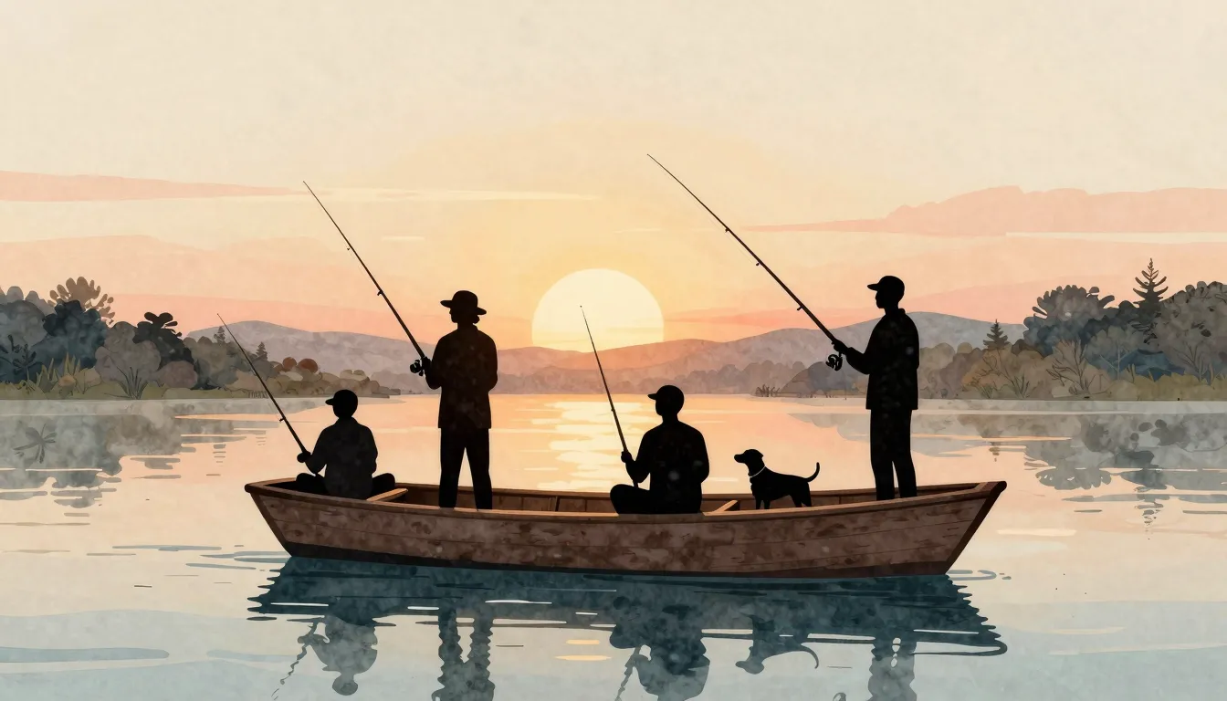 Watercolor style. Silhouettes of three people and a dog in a...