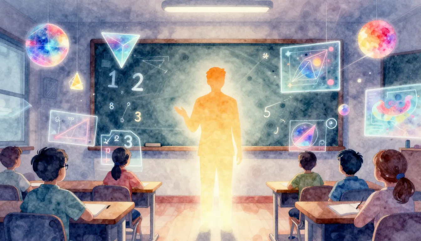 Watercolor style. A glowing silhouette of a teacher standing...