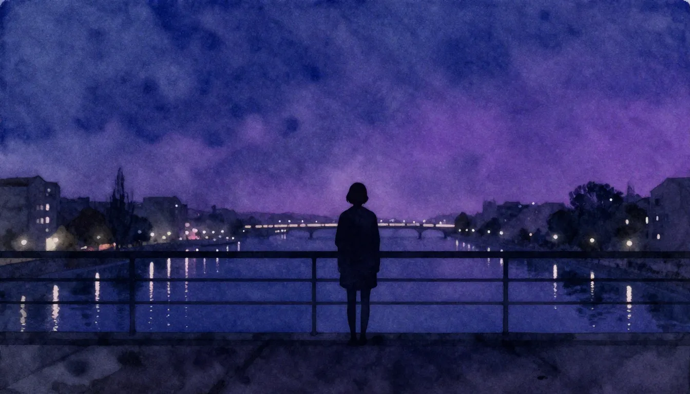 Watercolor style. A lonely silhouette of a person standing o...