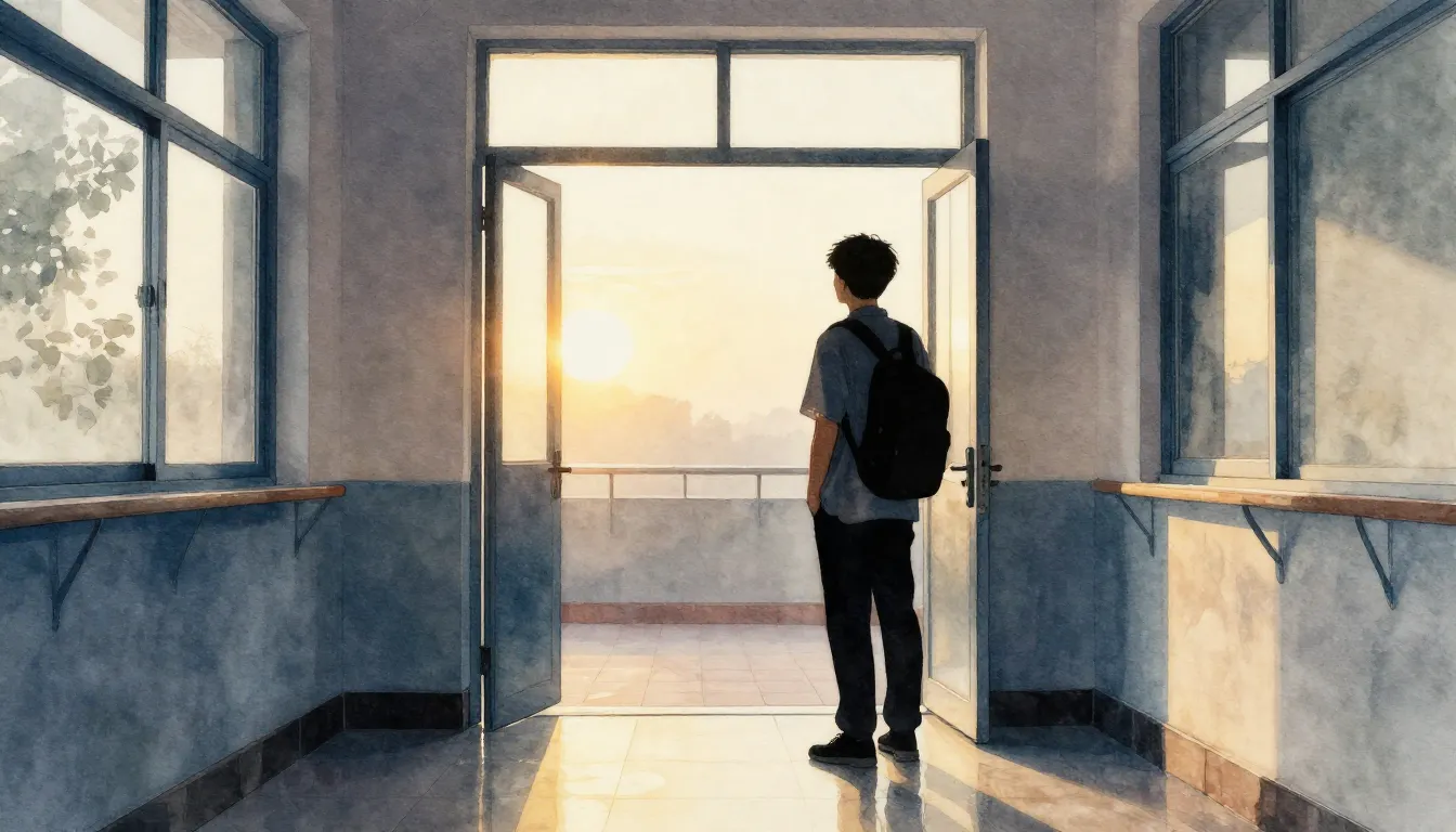 Watercolor style. A silhouette of a young person standing in...