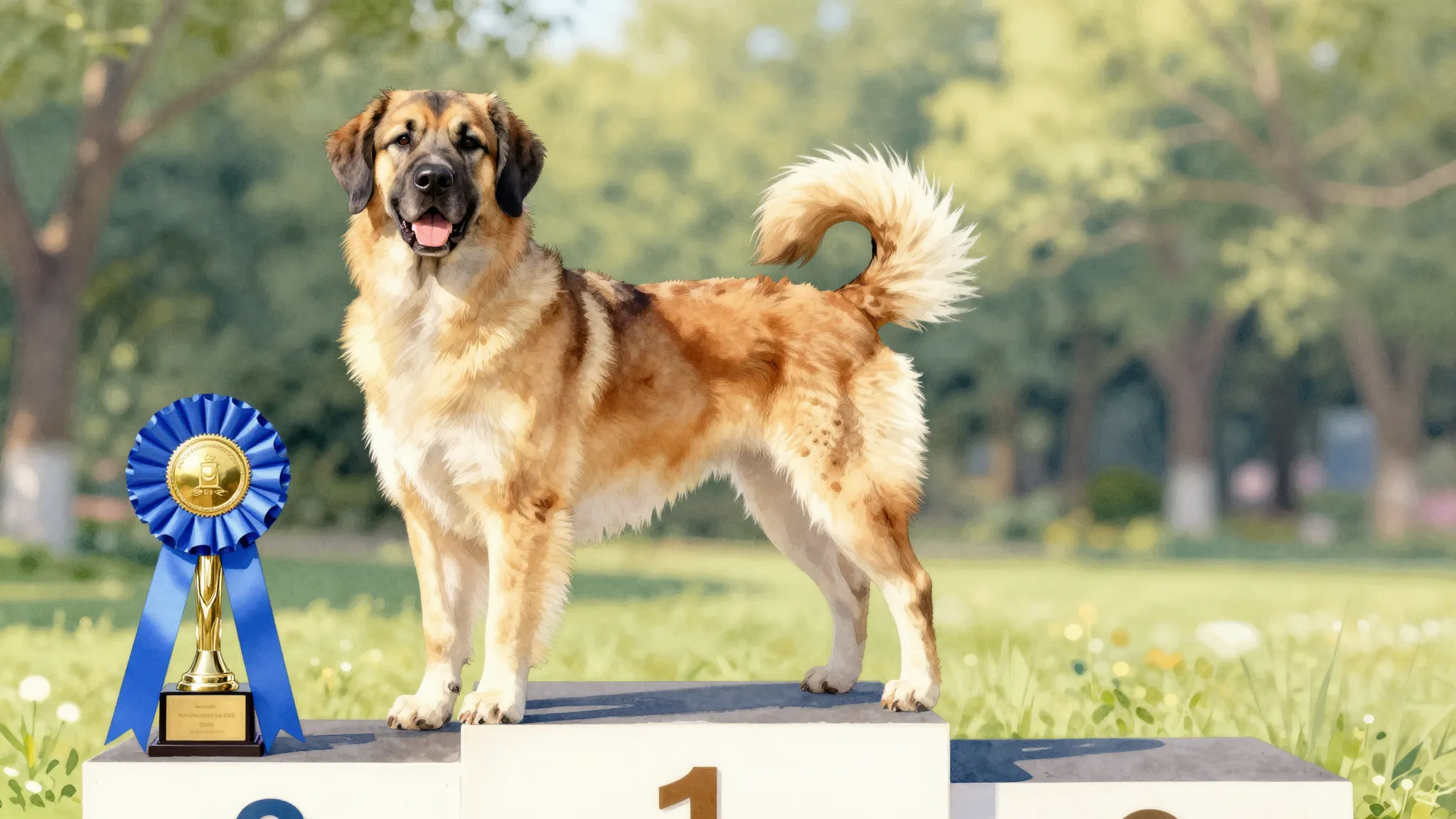 Watercolor style. A majestic show dog standing proudly on a ...
