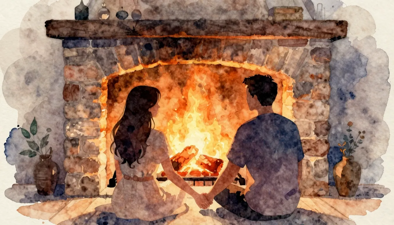 Vibrant watercolor style. A cozy, warm fireplace with glowin...